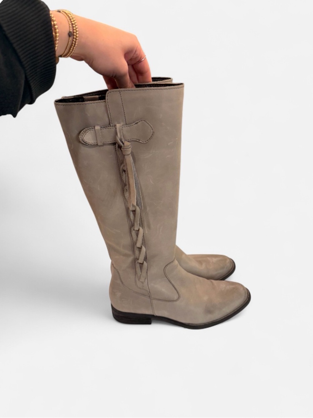BØRN Light Gray Distressed Leather Side-Lace Tall Boots Size 8 – Retail $260